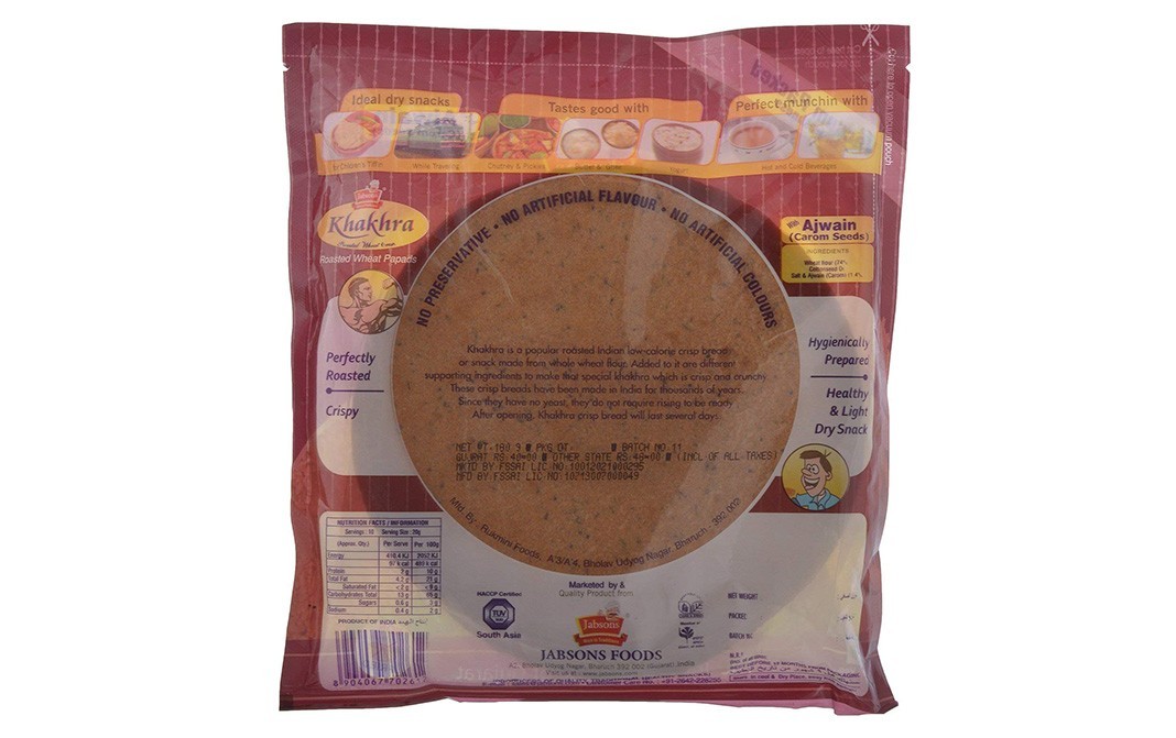 Jabsons Khakhra Roasted Wheat Crisps Ajwain   Pack  180 grams
